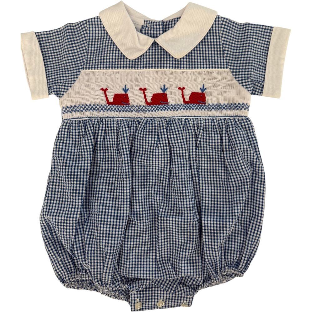 Vtg ANAVINI 18m Girl Blue & White Romper Hand Smocked 100% Cotton Gingham Whales